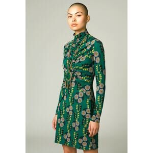 Zara Green Floral Retro Print Ruched Mock-Neck Nylon Stretch Floral Dress Sz 8
